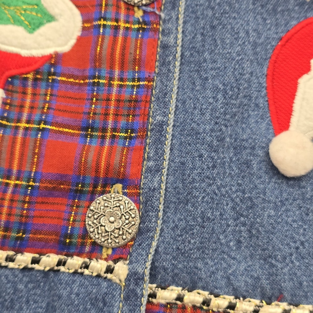 Vintage 90s Tantrums Christmas Denim Jacket Womens S Patchwork Santa NWT - Picture 6 of 8